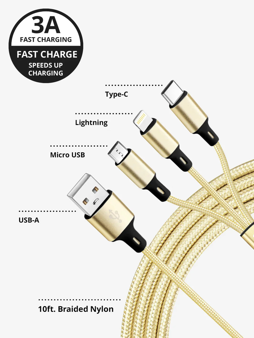 Gold 3-in-1 Charging Cable (USB A)