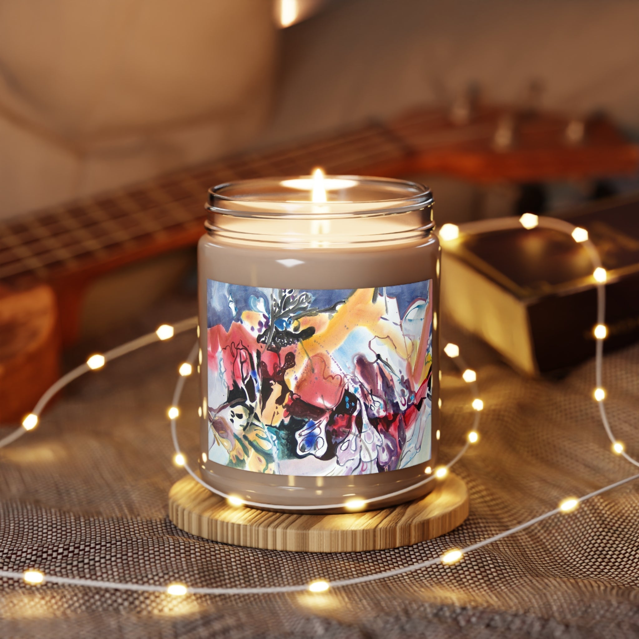 9oz Eco-Friendly Scented or Unscented Soy Wax Candle Jar with 'Floral Fantasy' Abstract Artwork by American Artist Barbara Cleary