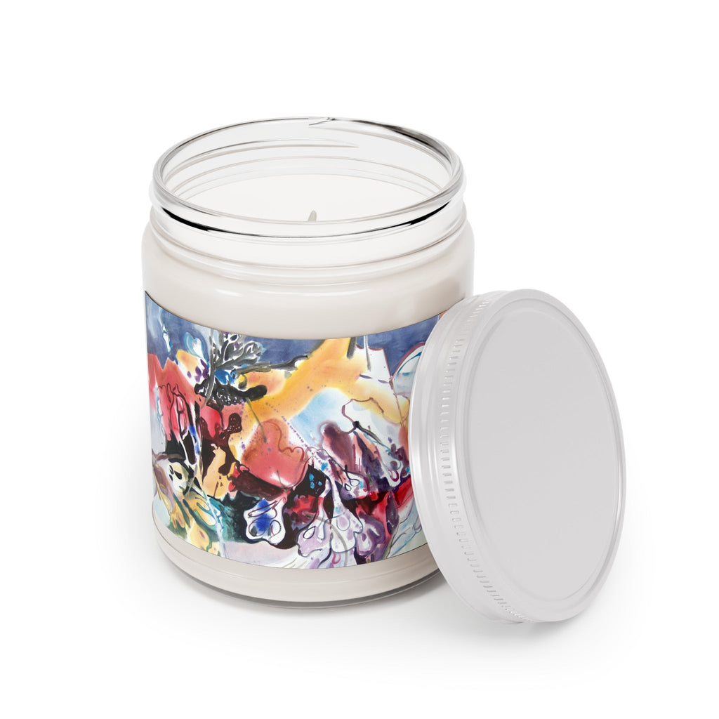 9oz Eco-Friendly Scented or Unscented Soy Wax Candle Jar with 'Floral Fantasy' Abstract Artwork by American Artist Barbara Cleary