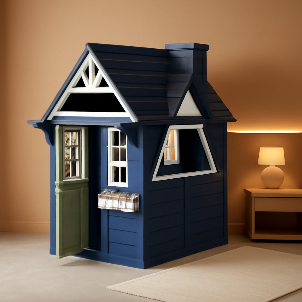 Blue Outdoor Kids Playhouse With Kitchen Doorbell Panel