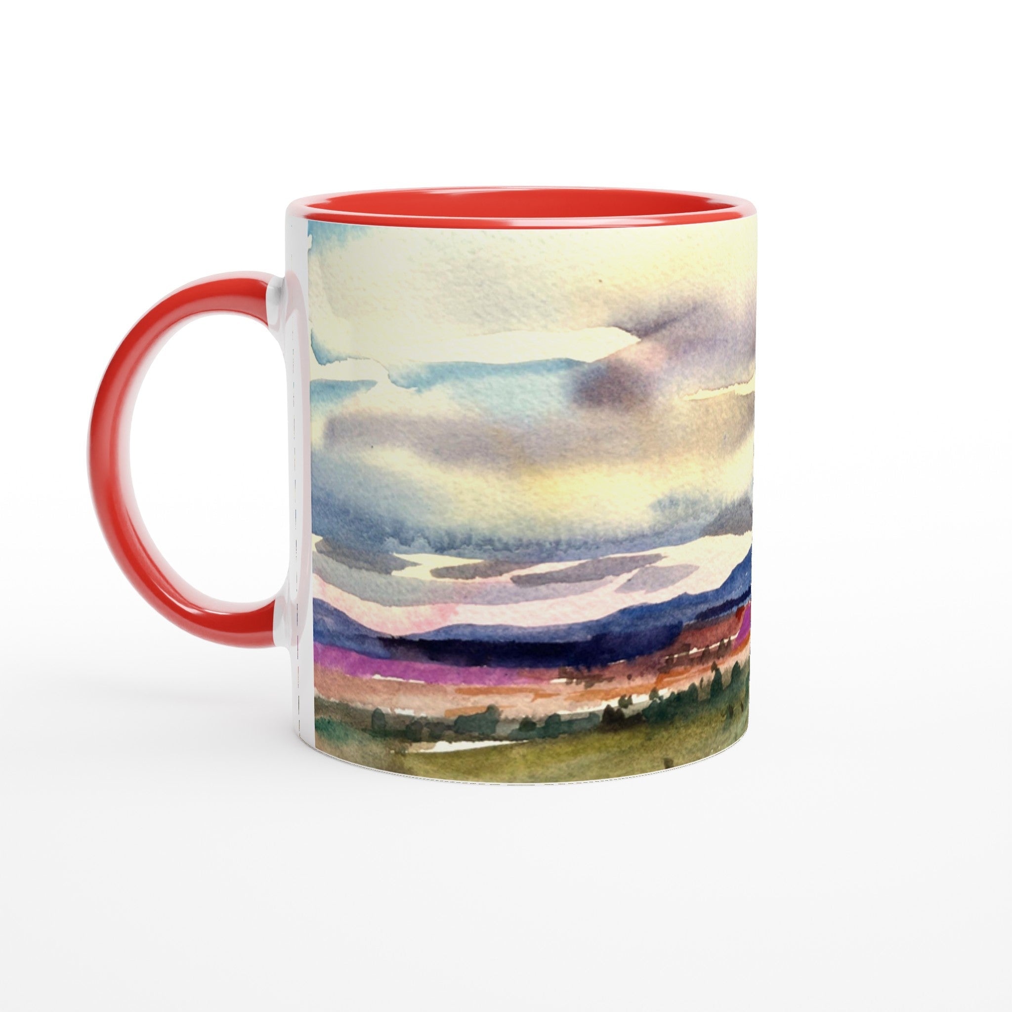 11oz White Ceramic Mug with Color Inside | Coffee Cup with 'Tranquil Mountain View 1' Artwork by American Artist Barbara Cleary