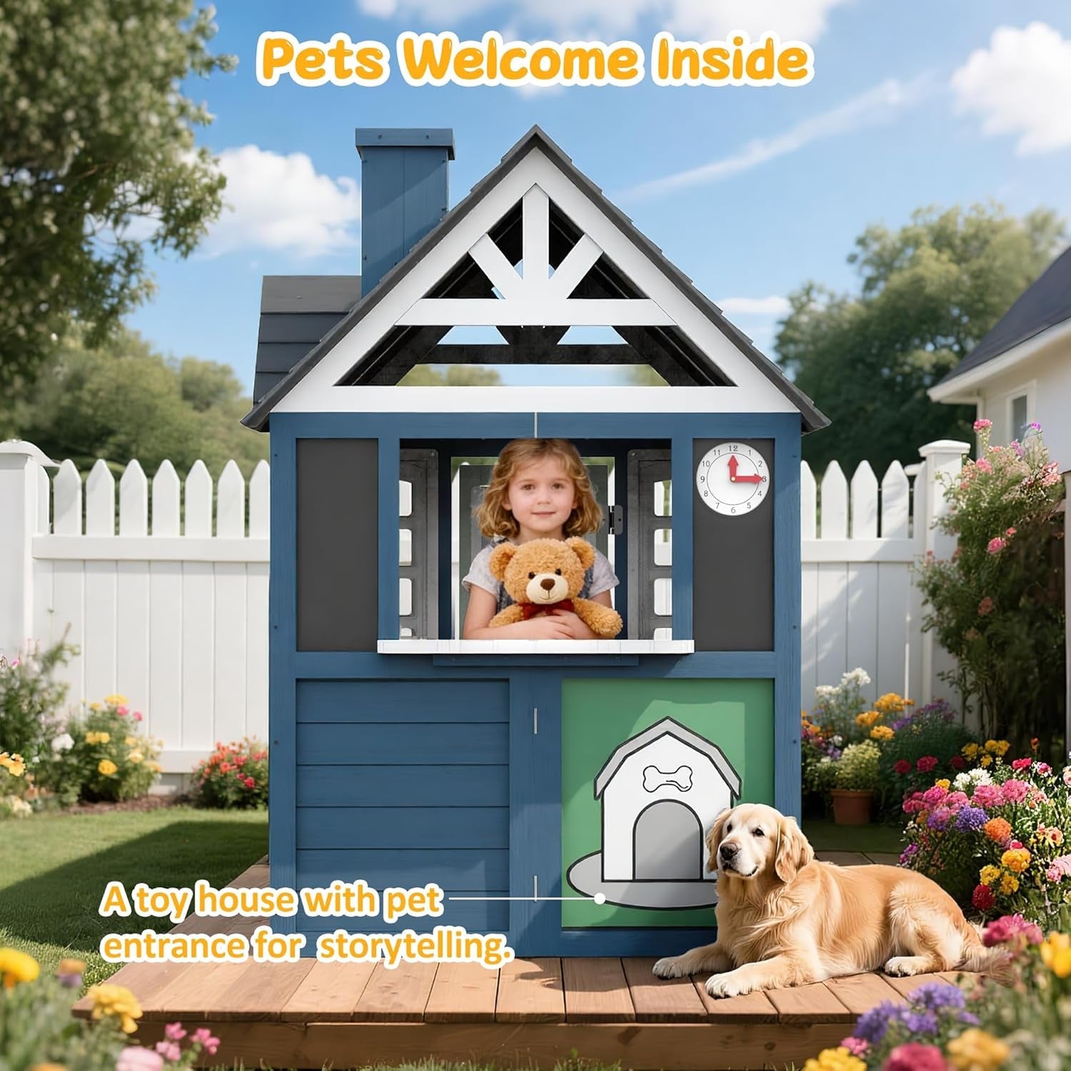 Blue Cedarwood Kids Playhouse Weather Resistant Outdoor