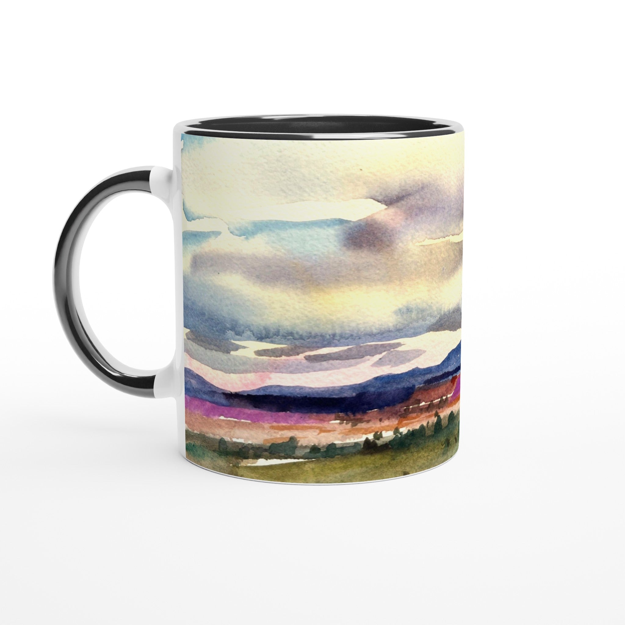 11oz White Ceramic Mug with Color Inside | Coffee Cup with 'Tranquil Mountain View 1' Artwork by American Artist Barbara Cleary