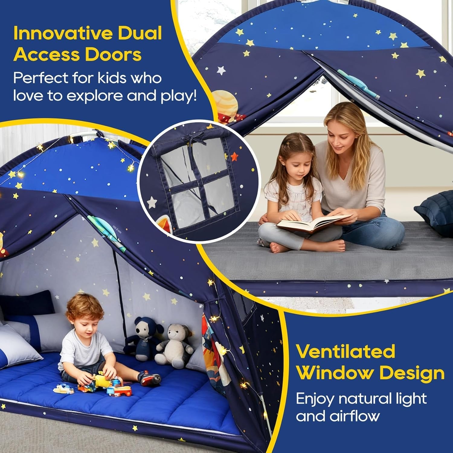 Twin Bed Tent Canopy Blue Black out Privacy Indoor Play house For Kids