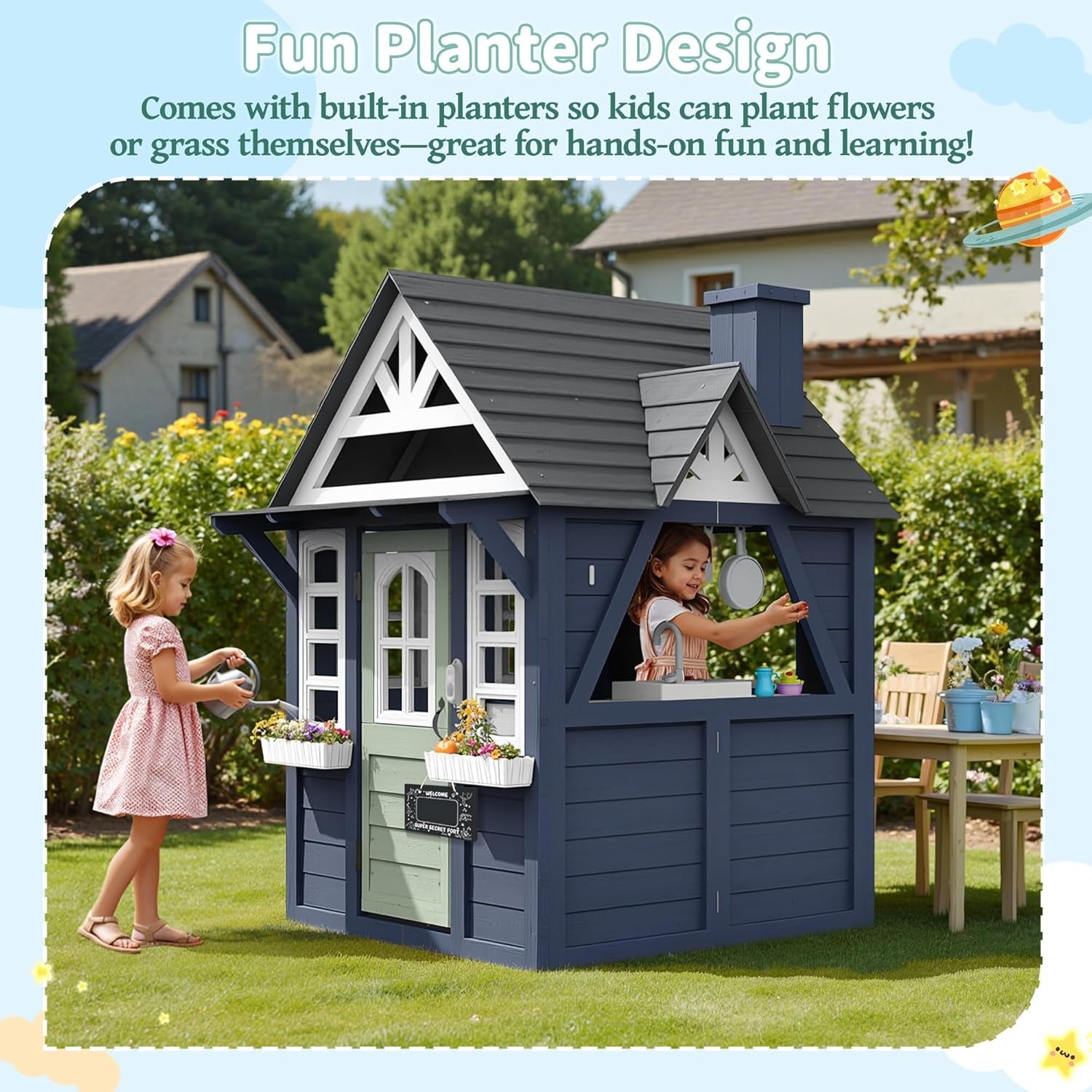 Blue Outdoor Kids Playhouse With Kitchen Doorbell Panel