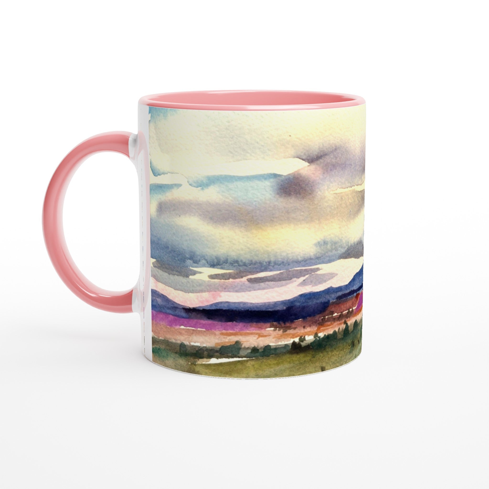 11oz White Ceramic Mug with Color Inside | Coffee Cup with 'Tranquil Mountain View 1' Artwork by American Artist Barbara Cleary