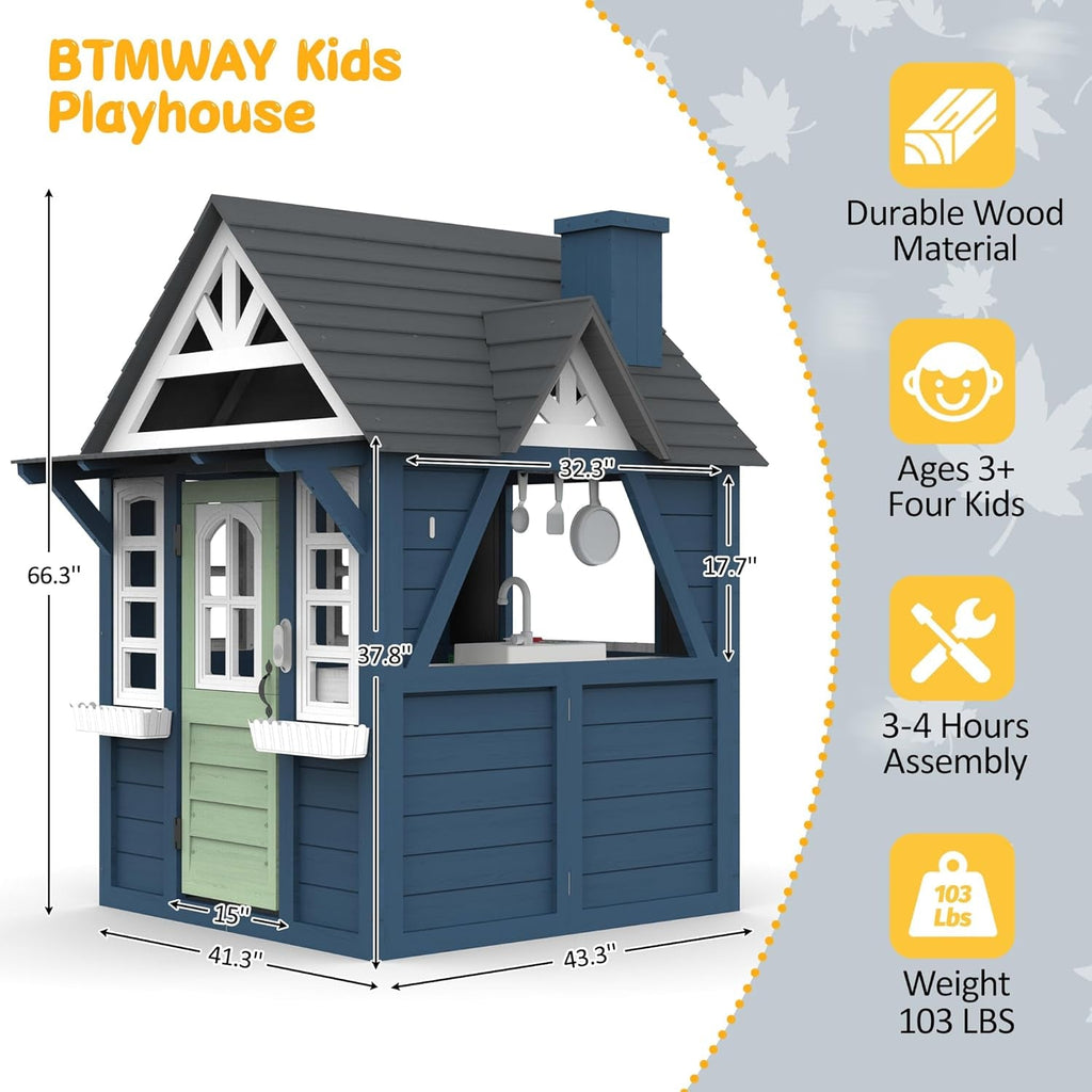 Blue Cedarwood Kids Playhouse Weather Resistant Outdoor