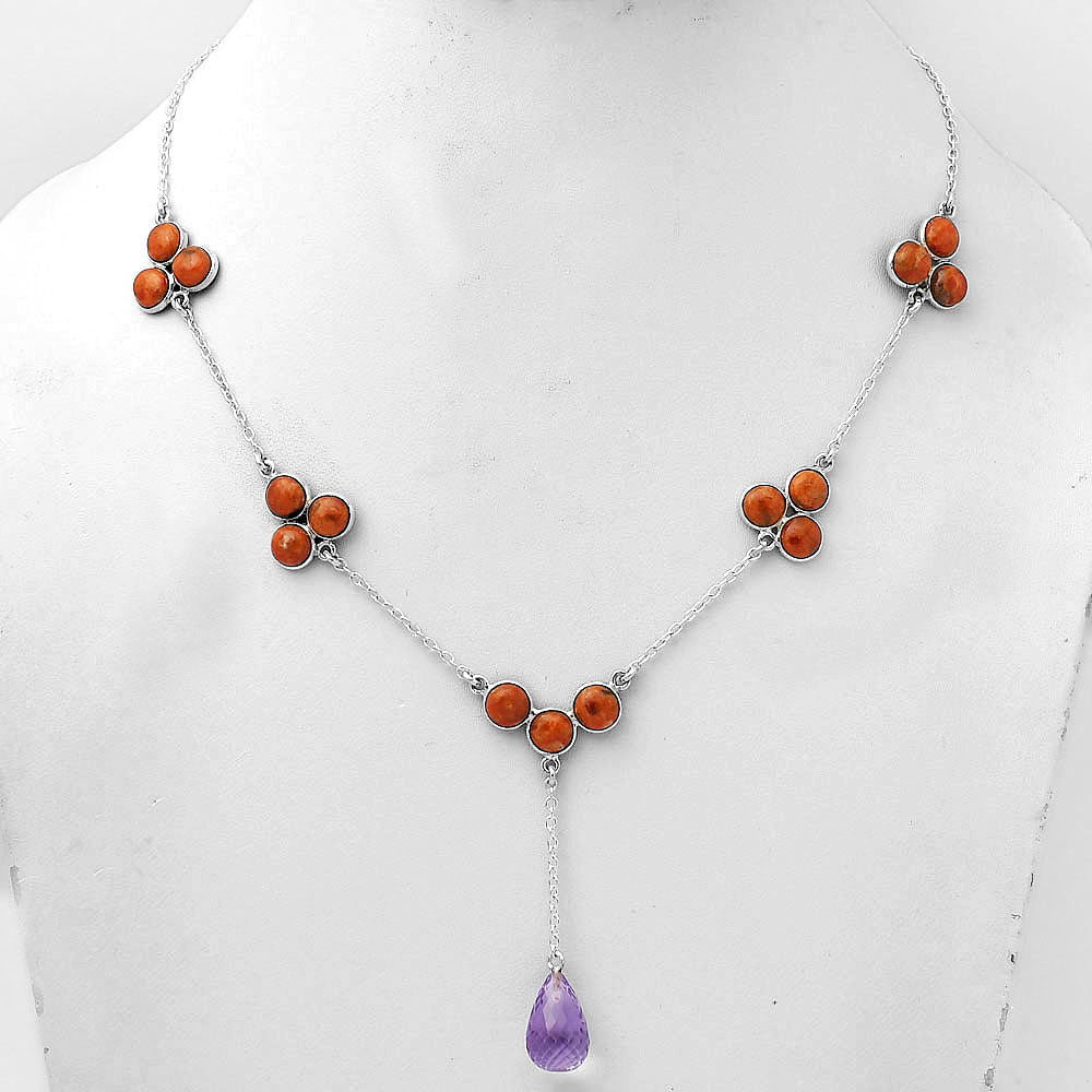 Faceted Amethyst Briolette Drop & Red Sponge Coral Necklace N-1005 SDN1432