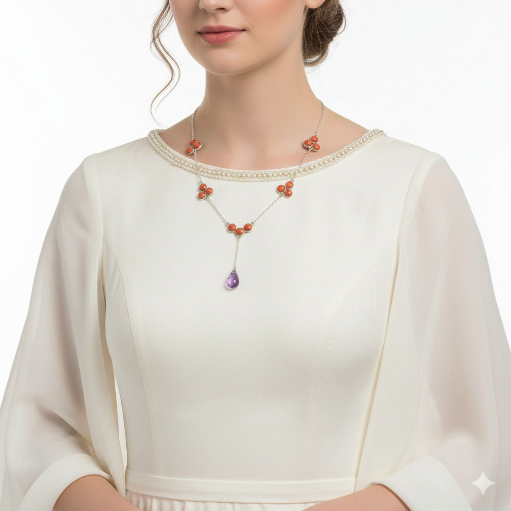 Faceted Amethyst Briolette Drop & Red Sponge Coral Necklace N-1005 SDN1432