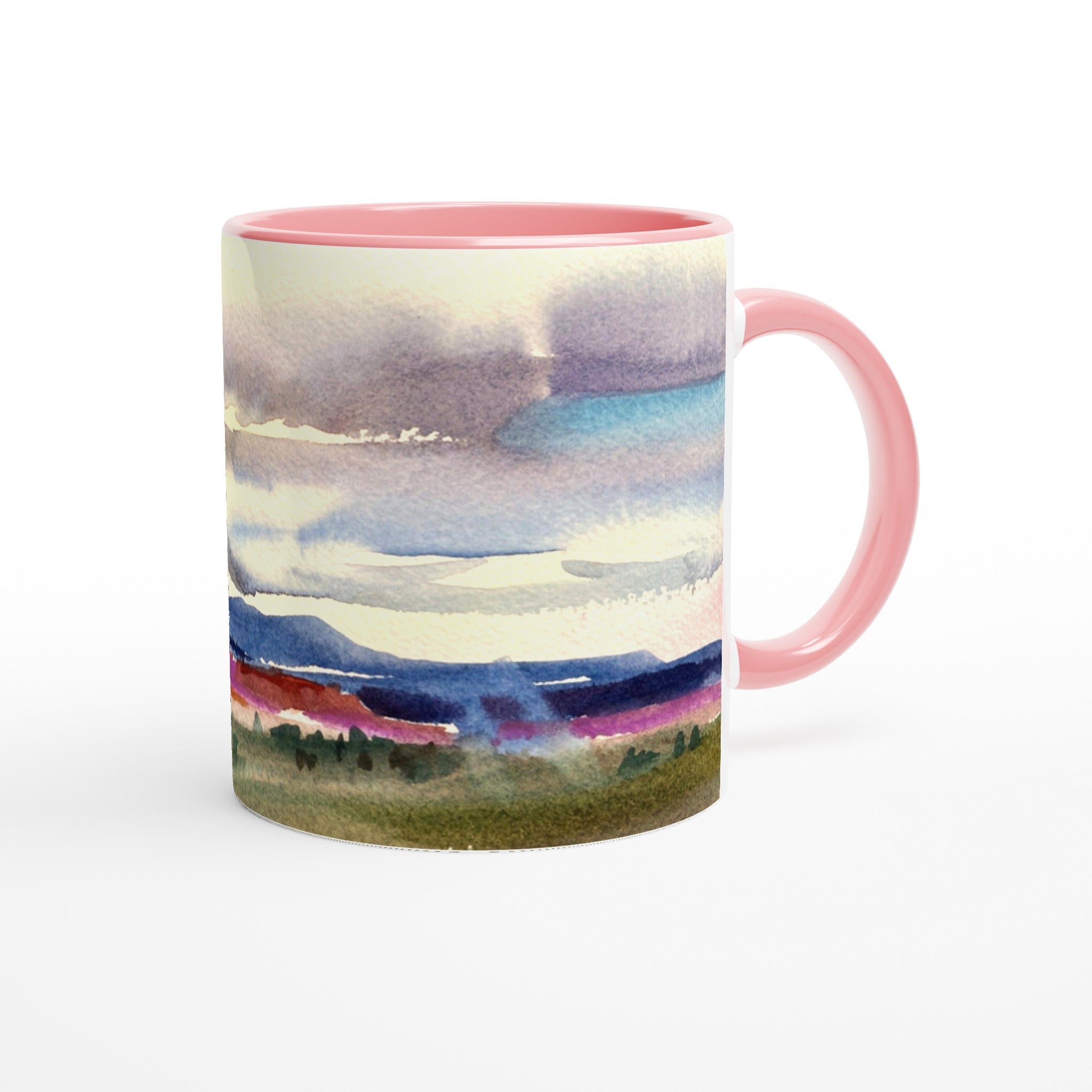 11oz White Ceramic Mug with Color Inside | Coffee Cup with 'Tranquil Mountain View 1' Artwork by American Artist Barbara Cleary