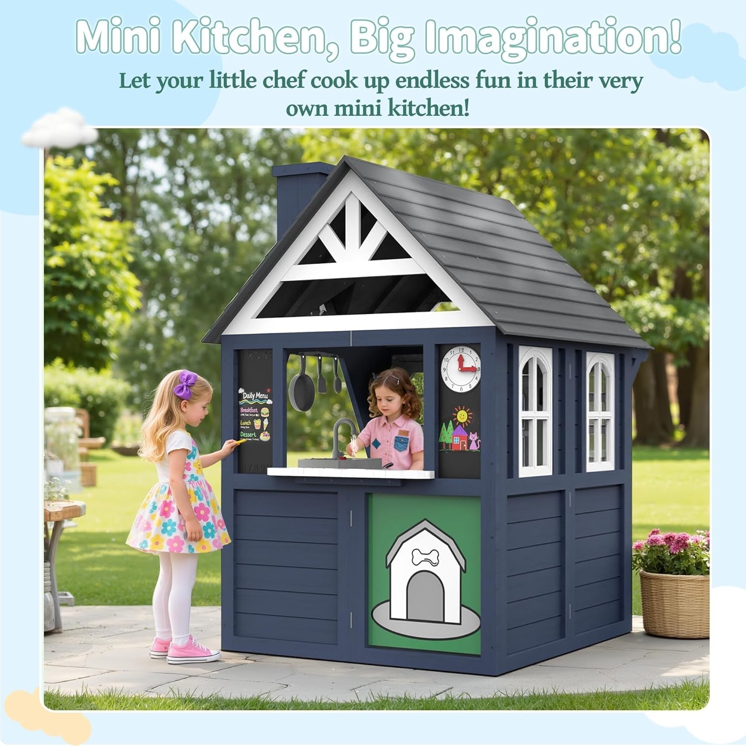 Blue Outdoor Kids Playhouse With Kitchen Doorbell Panel