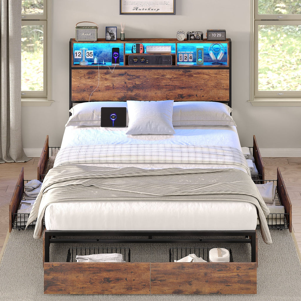Yanosaku BF012-BR Full/Queen/King Bed Frame with LED Headboard, Charging Ports, 6 Storage Drawers, Shelf, Easy Assembly, No Box Spring Needed