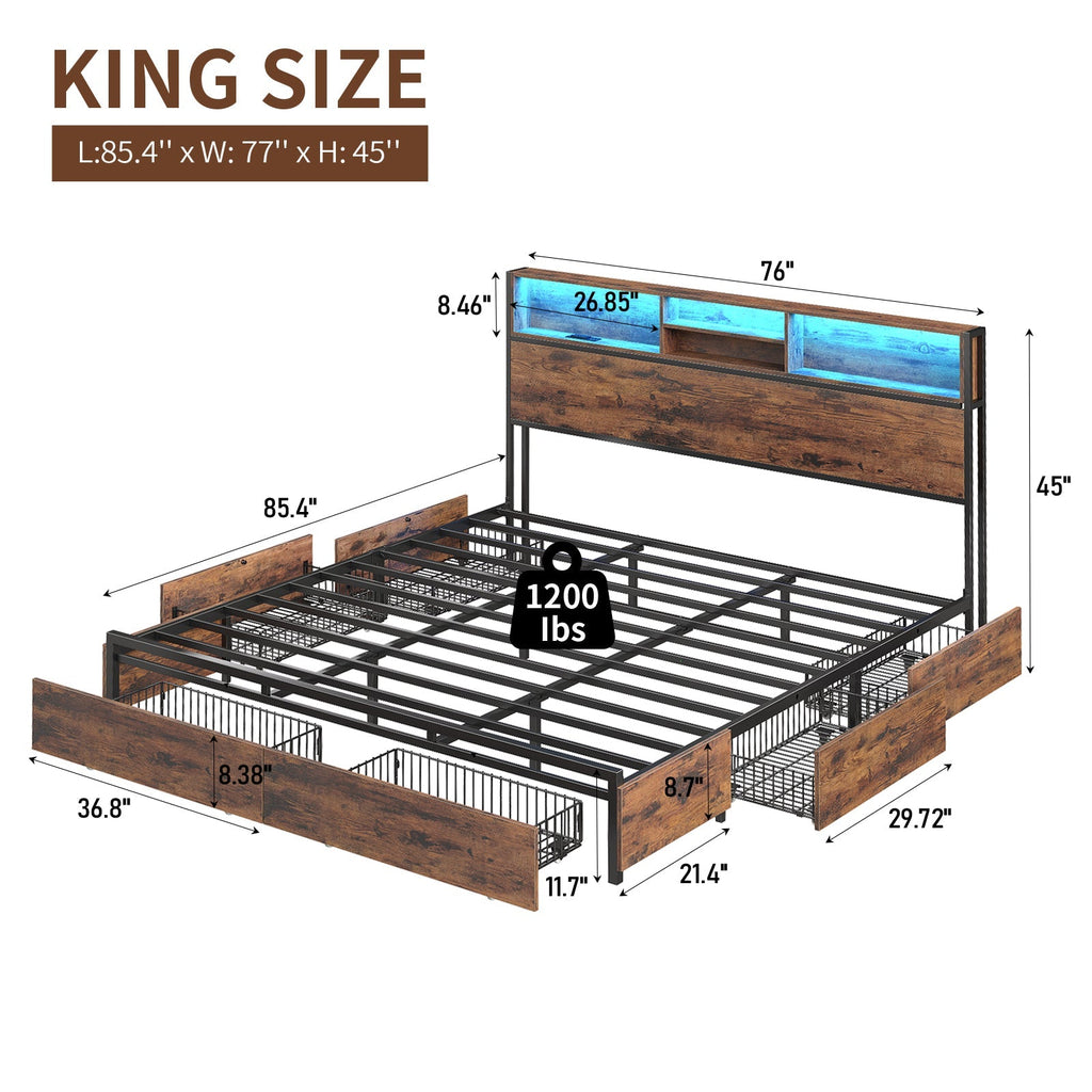 Yanosaku BF012-BR Full/Queen/King Bed Frame with LED Headboard, Charging Ports, 6 Storage Drawers, Shelf, Easy Assembly, No Box Spring Needed