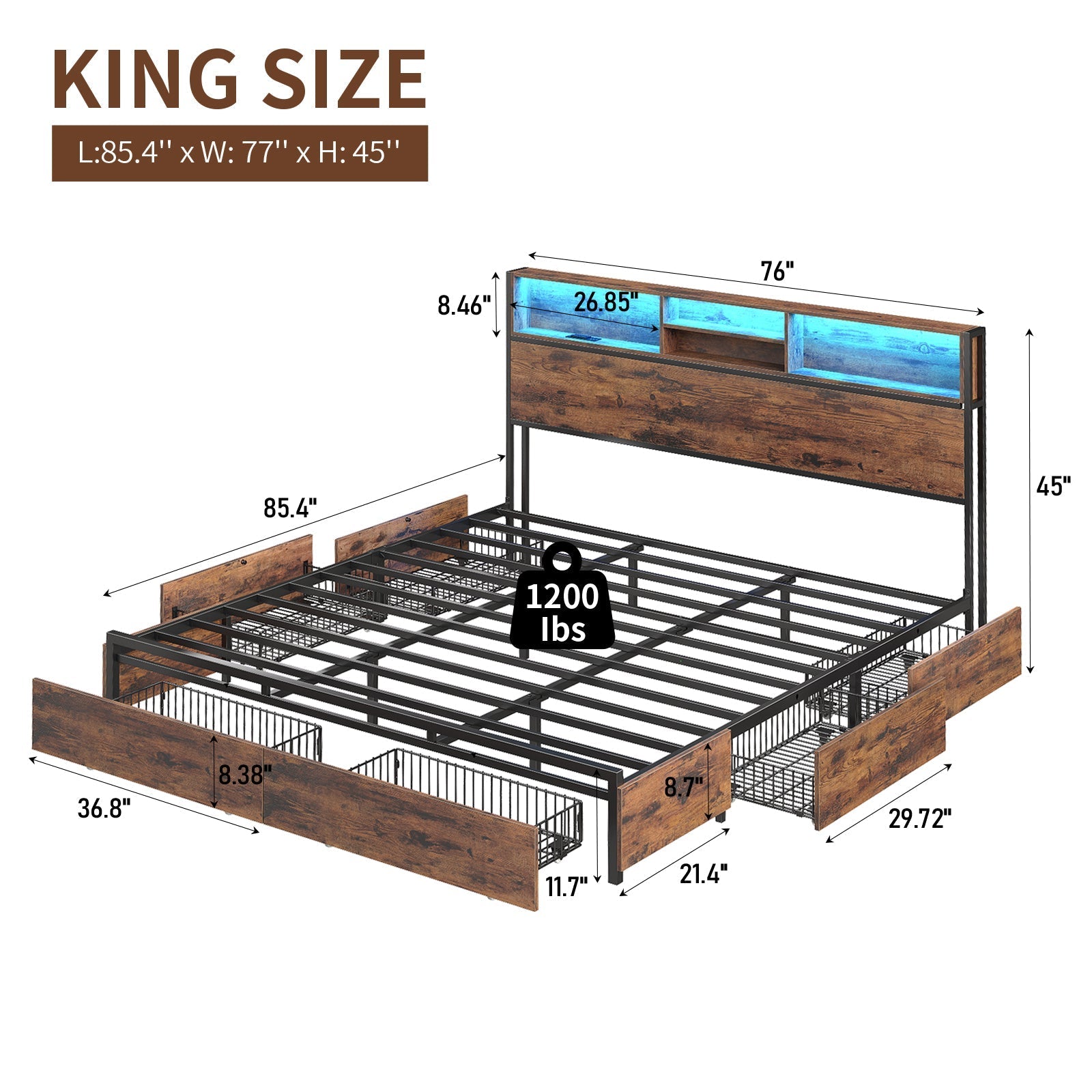 Yanosaku BF012-BR Full/Queen/King Bed Frame with LED Headboard, Charging Ports, 6 Storage Drawers, Shelf, Easy Assembly, No Box Spring Needed