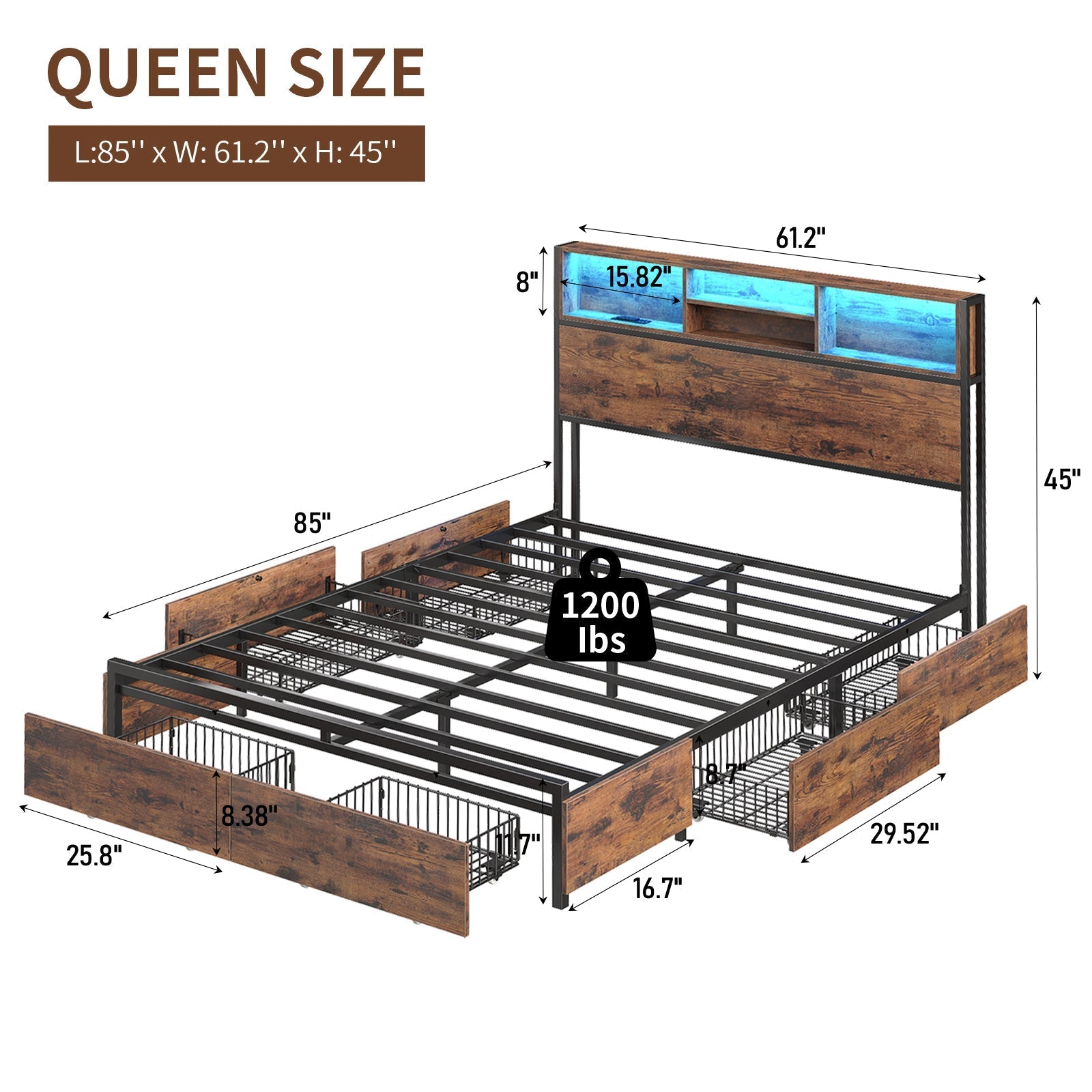 Yanosaku BF012-BR Full/Queen/King Bed Frame with LED Headboard, Charging Ports, 6 Storage Drawers, Shelf, Easy Assembly, No Box Spring Needed
