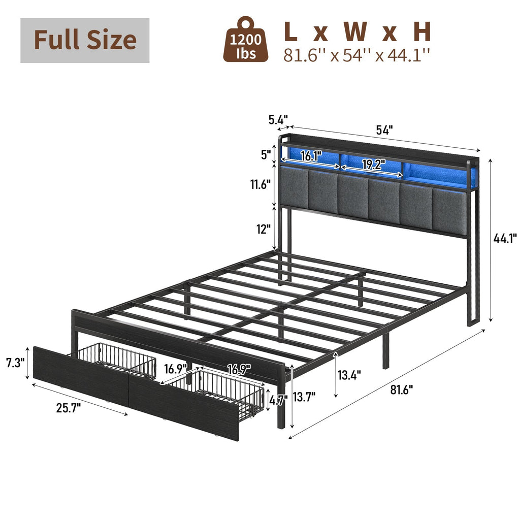 Yanosaku BF016-BL Full/Queen Bed Frame with RGB LED Headboard, Charging Station, 2 Drawers, 2 USB & 2 AC Outlets, Easy Assembly, No Box Spring, Black