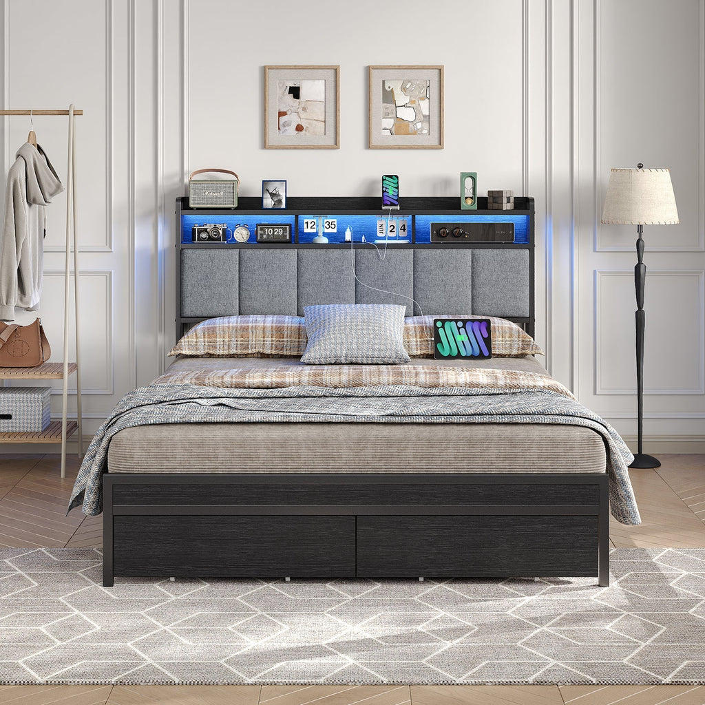 Yanosaku BF016-BL Full/Queen Bed Frame with RGB LED Headboard, Charging Station, 2 Drawers, 2 USB & 2 AC Outlets, Easy Assembly, No Box Spring, Black