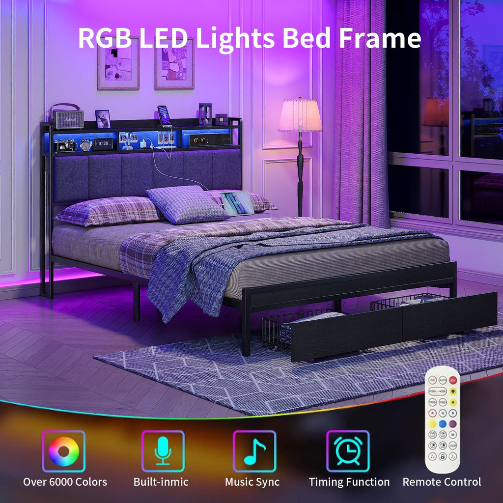 Yanosaku BF016-BL Full/Queen Bed Frame with RGB LED Headboard, Charging Station, 2 Drawers, 2 USB & 2 AC Outlets, Easy Assembly, No Box Spring, Black