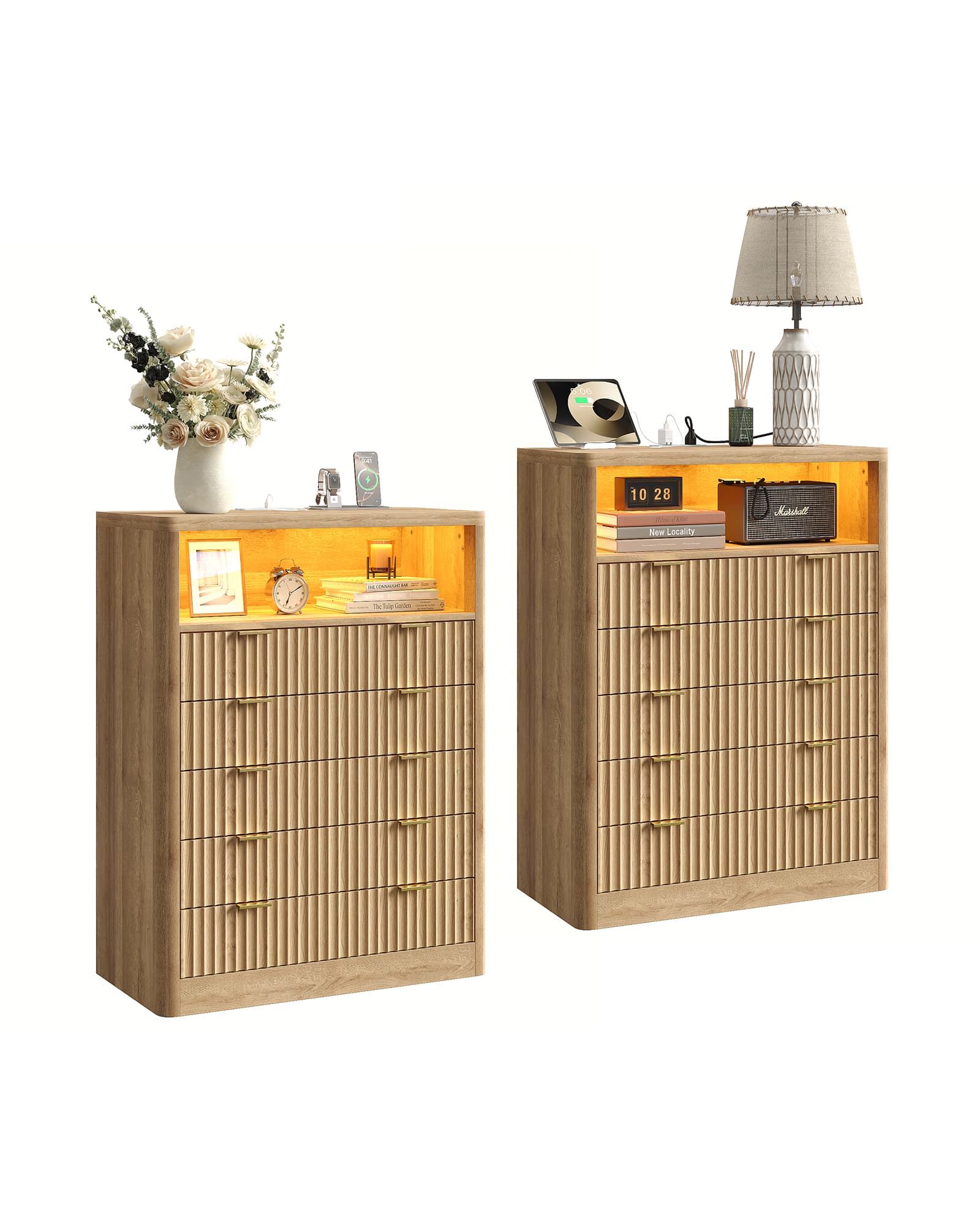 Yanosaku NS010-NR Fluted Nightstand with LED & Charging Station, 5-Drawer Tall Organizer, Oak