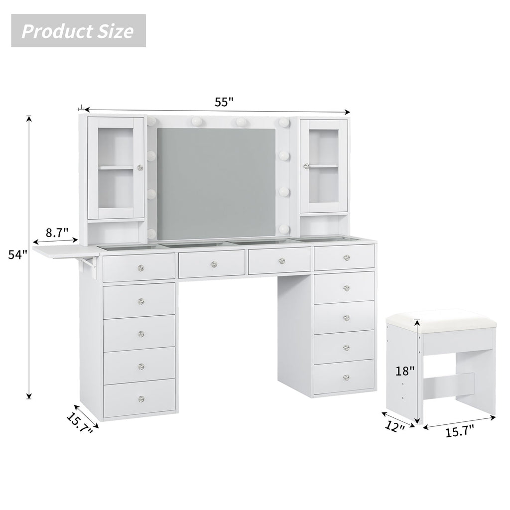 Yanosaku VD012 Bedroom Makeup Vanity desk with LED Mirror, 12 Drawers