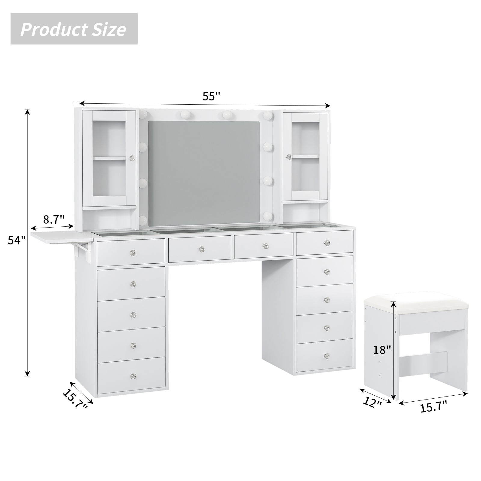 Yanosaku VD012 Bedroom Makeup Vanity desk with LED Mirror, 12 Drawers