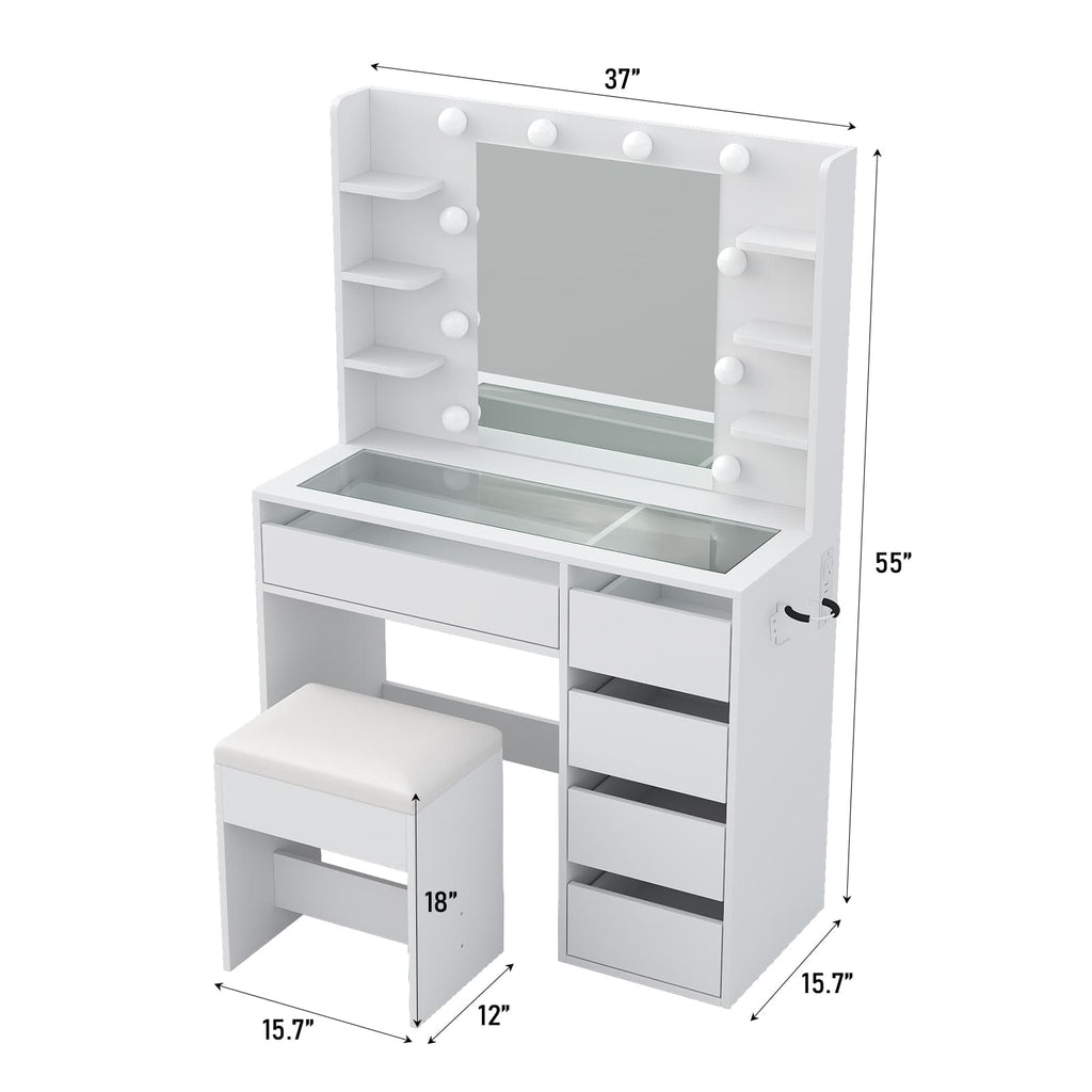 YanosakuVD025 Vanity Table with Mirror, 3 Lighting Modes, 5 Drawers & Glass Top