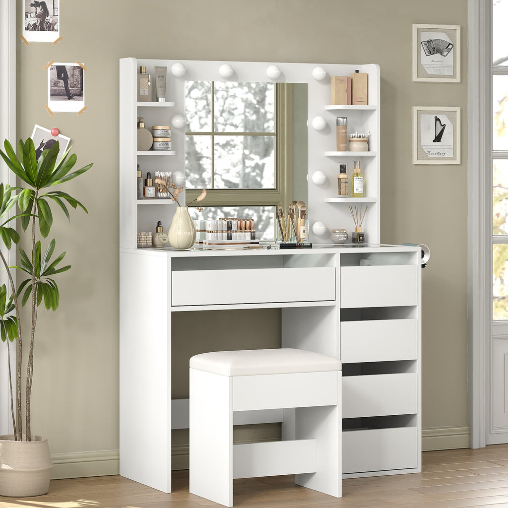YanosakuVD025 Vanity Table with Mirror, 3 Lighting Modes, 5 Drawers & Glass Top